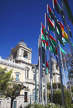 Flags outside Cathedral in Plaza Pedro Murillo, La Paz, Bolivia, South America