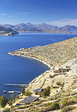 View of Inca ruins of Pilko Kaina on Isla del Sol (Island of the Sun), Lake Titicaca, Bolivia, South America