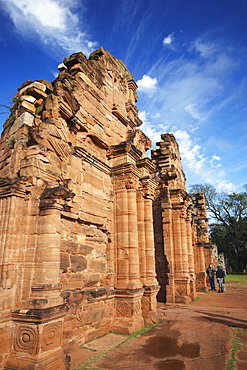 Tourists at ruins of mission at San Ignacio Mini, UNESCO World Heritage Site, Misiones, Argentina, South America