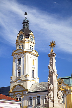 Trinity Column and Town Hall in Szechenyi Square, Pecs, Southern Transdanubia, Hungary, Europe