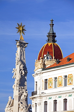 County Hall and Trinity Column in Szechenyi Square, Pecs, Southern Transdanubia, Hungary, Europe