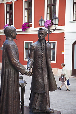 Statue of Anyos Jedlik and Gergely Czuczor in Szechenyi Square, Gyor, Western Transdanubia, Hungary, Europe