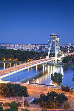 View of New Bridge over the River Danube at dusk, Bratislava, Slovakia, Europe 