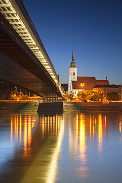 St. Martin's Cathedral and New Bridge over the River Danube at dusk, Bratislava, Slovakia, Europe 