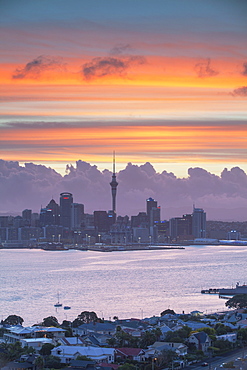 View of Auckland and Devonport at sunset, Auckland, North Island, New Zealand, Pacific