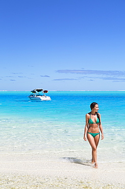 Woman on Motu Pit Aau, Bora Bora, Society Islands, French Polynesia, South Pacific, Pacific