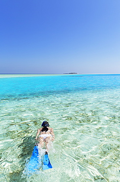 Woman snorkelling in lagoon, Rasdhoo Island, Northern Ari Atoll, Maldives, Indian Ocean, Asia