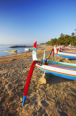 Boats on Sanur beach, Bali, Indonesia, Southeast Asia, Asia