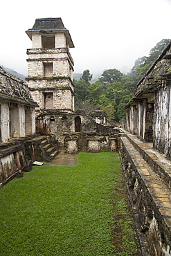 Palace in low hanging fog, Palenque Archaeological Zone, UNESCO World Heritage Site, Chiapas, Mexico, North America