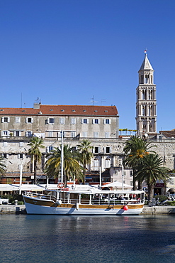 The Riva in the foreground and Cathedral of St. Dominus Tower in background, Split Harbor, Split, Dalmatia, Croatia, Europe