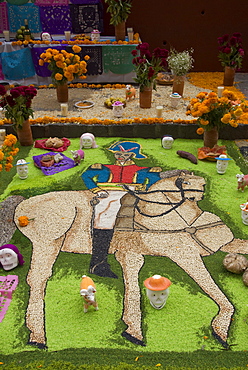 Image of Ignacio Allende, a revolutionary hero, part of decorations for the Day of the Dead festival, Plaza Principal, San Miguel de Allende, Guanajuato, Mexico, North America