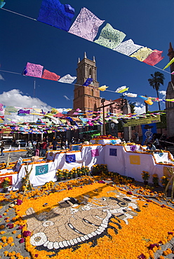 Decorations for the Day of the Dead festival with Iglesia de San Rafael in the background, Plaza Principal, San Miguel de Allende, Guanajuato, Mexico, North America