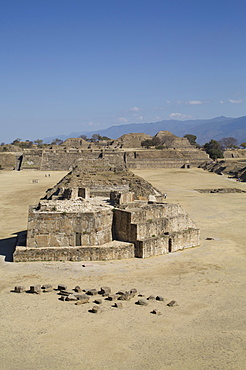 Plaza Principal, view from the Southern Platform, Buiding J, Observatory in foreground, Monte Alban, UNESCO World Heritage Site, Oaxaca, Mexico, North America