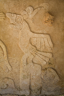 Figures of stucco relief, Castillo de Kukulcan, Mayapan, Mayan archaeological site, Yucatan, Mexico, North America