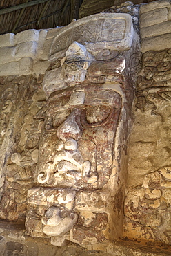 Temple of the Masks, with 8 foot tall mask, Kohunlich, Mayan archaeological site, Quintana Roo, Mexico, North America