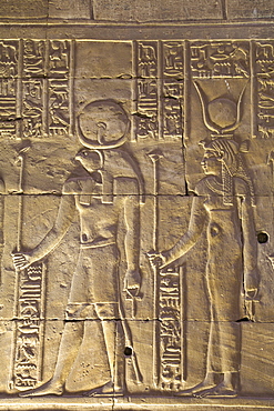 Relief depicting the God Horus on left and the Goddess Hathor on right, Temple of Horus, Edfu, Egypt, North Africa, Africa