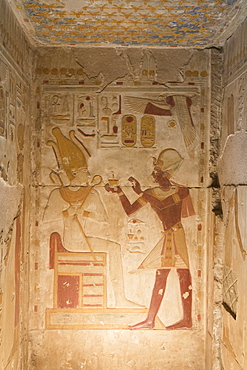 Bas-relief, Pharaoh Seti I on right, Temple of Seti I, Abydos, Egypt, North Africa, Africa