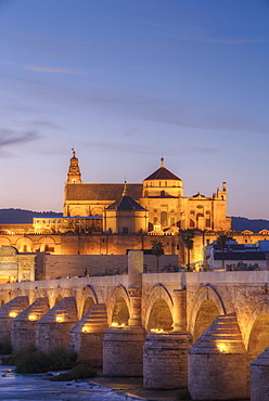 Roman Bridge in foreground and The Great Mosque (Mesquita) and Cathedral of Cordoba in the background, UNESCO World Heritage Site, Cordoba, Andalucia, Spain, Europe