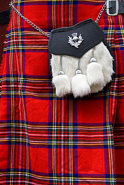 Scottish kilt and purse on display for sale, Edinburgh, Scotland, United Kingdom, Europe