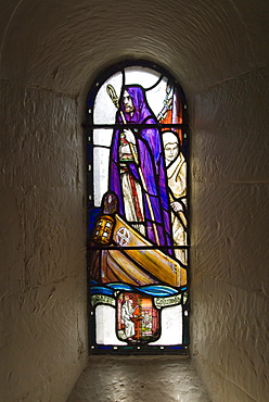 Stained glass windows in St. Margarets Chapel, built between 1124 and 1153, Edinburgh Castle, Edinburgh, Lothian, Scotland, United Kingdom, Europe