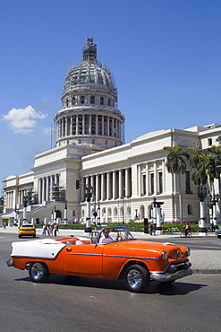 Vintage 1954 Oldsmobile in front of Capitol Building, Centro Habana, Havana, Cuba, West Indies, Central America