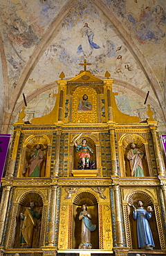 Altar with original frescoes, Former Convent San Miguel Arcangel, founded 1541 AD, Route of the Convents, Mani, Yucatan, Mexico, North America