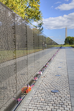 The Wall, Washington Monument in the background, Vietnam Veterans Memorial, Washington D.C., United States of America, North America