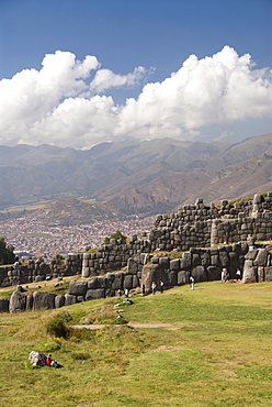 Inca fortification of Sacsayhuaman with Cuzco in background, near Cuzco, Peru, South America