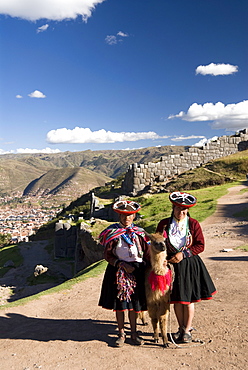 Inca women in traditional dress and llama, with the fortress of Sacsayhuaman in the background,, near Cuzco, Peru, South America