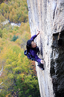 A woman rock climbing at Ogawayama, a mountain on the border of Nagano and Yamanashi prefectures, Honshu, Japan, Asia