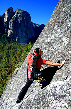 Rock climber in action in Yosemite Valley, California, United States of America, North America