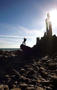 A walker stands on a boulder beside the isolated Bear Rock, a Culm pinnacle near Hartland Quay, Culm Coast, North Devon, England, United Kingdom, Europe