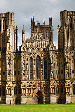 Wells Cathedral, a 12th Century Anglican cathedral in Wells, Somerset, England, dedicated to St Andrew the Apostle. It is the seat of the Bishop of Bath and Wells.