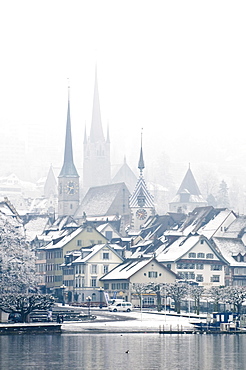 The town of Zug on a misty winter day, Zug, Switzerland, Europe