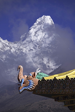 Detail at the Buddhist monastery in Tengboche in the Khumbu region of Nepal with Ama Dablam mountain in the background, Himalayas, Nepal, Asia