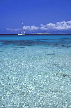 Sea and sailing boat, Formentera, Balearic Islands, Spain, Mediterranean, Europe