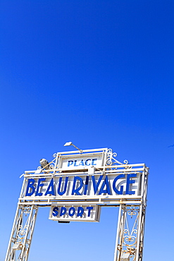 Beau Rivage beach sign, Nice, Alpes Maritimes, Provence, Cote d'Azur, French Riviera, France, Europe