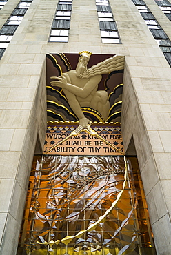 Art Deco detail of entrance to 30 Rockefeller Plaza, Rockefeller Center, Manhattan, New York City, New York, United States of America. North America