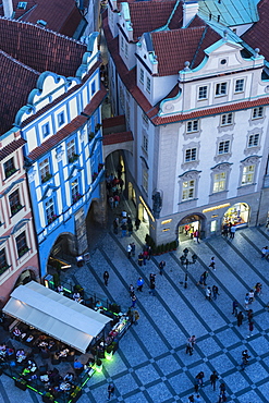 High angle view of buildings in Old Town Square at dusk, UNESCO World Heritage Site, Prague, Czech Republic, Europe