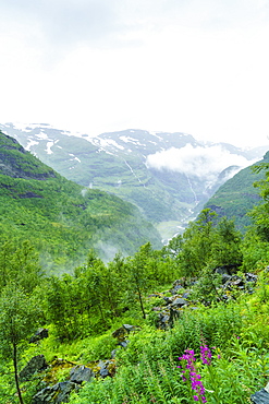 Waterfalls and mountain valleys viewed from Vatnahalsen, reached by the Flam Railway, Flamsbana, Flam, Norway, Scandinavia, Europe