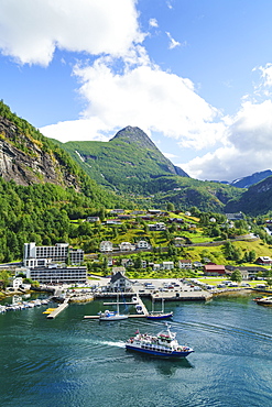 The village of Geiranger is an improtant cruise ship port at the head of Geirangerfjord, UNESCO World Heritage Site, Norway, Scandinavia, Europe