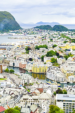 High view of the harbour and town of Alesund, Norway, Scandinavia, Europe