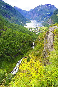 High view of Geiranger and Geirangerfjord. UNESCO World Heritage Site, Norway, Scandinavia, Europe