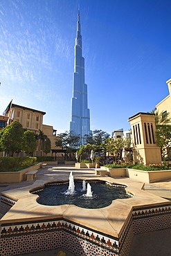 Burj Khalifa, the tallest man made structure in the world at 828 metres, viewed from the Palace Hotel, Downtown Dubai, Dubai, United Arab Emirates, Middle East