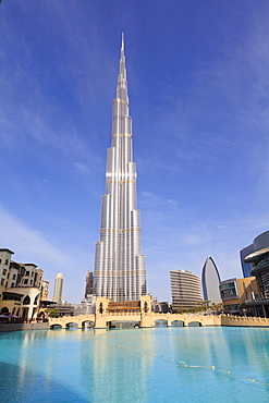 Burj Khalifa, the tallest man made structure in the world at 828 metres, and Dubai Mall, Downtown Dubai, Dubai, United Arab Emirates, Middle East