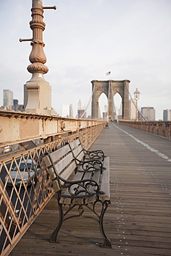 Early morning on Brooklyn Bridge, New York City, New York, United States of America, North America