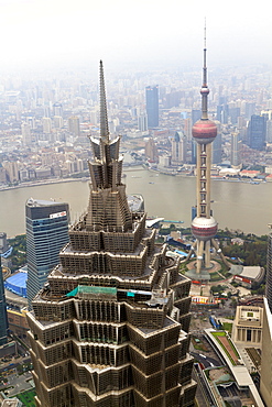 High view of Jinmao (Jin Mao) Tower and Oriental Pearl Tower, Shanghai, China, Asia