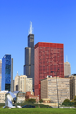 Tall buildings including the Willis Tower, formerly the Sears Tower from Grant Park, Chicago, Illinois, United States of America, North America 