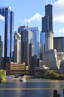 Skyscrapers including Willis Tower, formerly the Sears Tower, in Downtown Chicago by the Chicago River, Chicago, Illinois, United States of America, North America