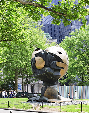 The Sphere, originally stood at the World Trade Center it was damaged during the 9 11attack and subsequently moved to Battery Park where it now stands as a memorial, New York City, New York, United States of America, North America